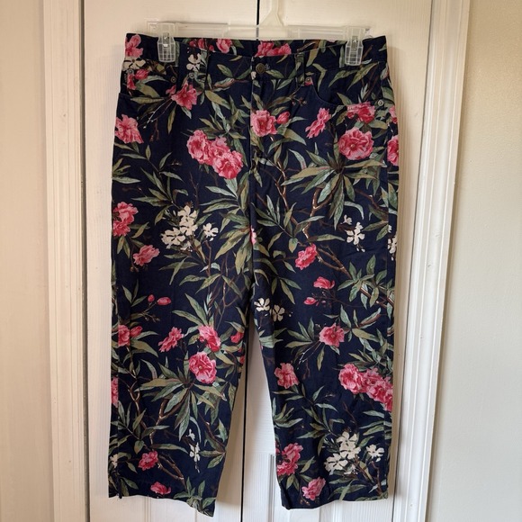 Vintage 90s Ralph Lauren Pants Womens 14 Navy‎ Pink Floral High Rise Crop Capri - Picture 1 of 8